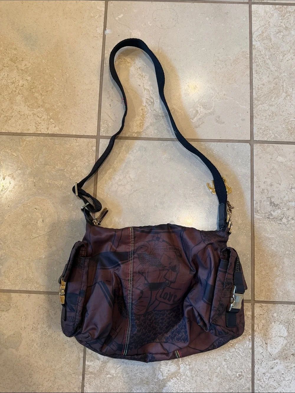 Casual Brown Graphic Crossbody Bag with Black Strap